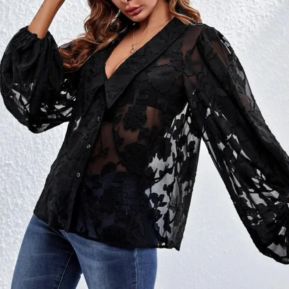 Boho Lantern Sleeve Floral Applique Sheer Button Down Shirt Blouse Top BLACK - Picture 5 of 5